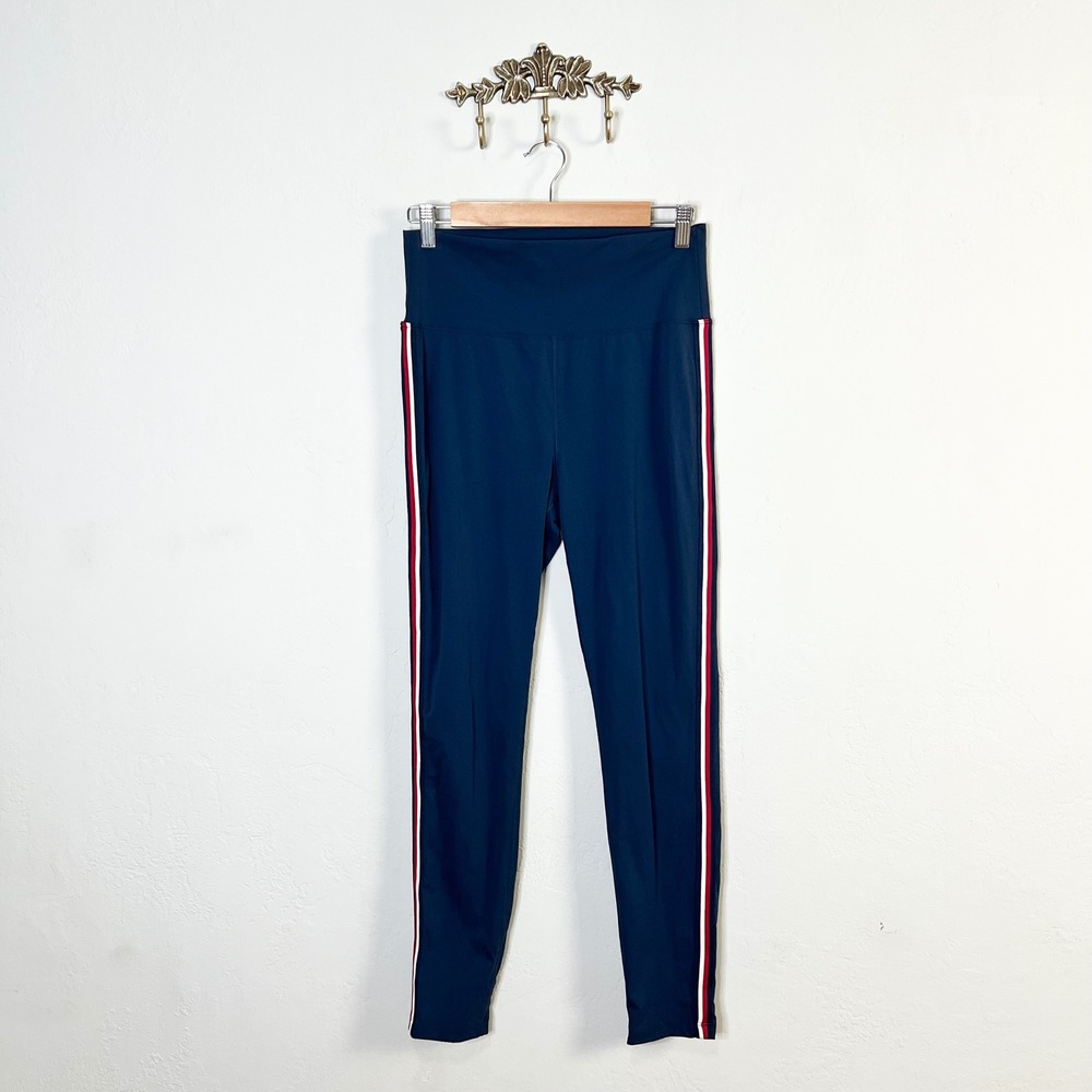 Zyia Active Navy Blue High Rise Leggings Red White Side Stripe Size 8-10 Gym‎